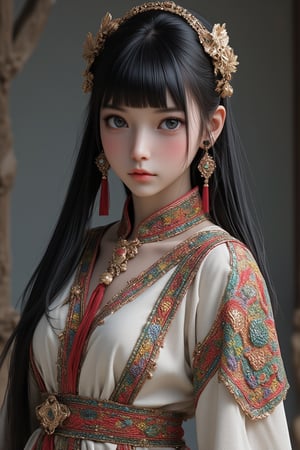 Super detailed, super realistic, anatomically correct,beautiful Nordic girl with long hair and blunt bangs,
 Wearing ancient national costume, long straight black hair, Yakut national costume, (beautiful blue eyes), almond eyes, intricate textiles decorated with colorful and intricate geometric patterns, arms decorated with decorative embroidery.
Beautiful crystal blue eyes, almond eyes, complex fabric decorated with colorful and intricate geometric patterns, white, red and green and other earth tones clothes,, aw0k euphoric style,, perfect imitation of TaisaSDXL, dal, ct-identityV2, dynamic pose action cute, 32k, hyper detailed 