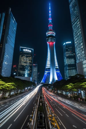 (3D render style), I sat on the edge of the tallest building in a megapolis Tokyo Japan, my position was the highest among all the skyscrapers, I looked down between my legs in Adidas shoes, I saw the edges of the some buildings, vehicle traffic and a light from the environment below me, with a super ultra-wide lens capture, shutter speed set to 1/1200, it was dark,  towards evening