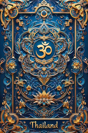 Perfect tarot card, The back of the Tarot card is designed with an intricate gold and deep royal blue color scheme, radiating elegance and mysticism. The background features a seamless pattern of swirling curves and lotus motifs, evoking a sense of endless flow and harmony. At the center, the sacred Om sign is delicately embossed in gold, surrounded by smaller intricate details like floral vines and geometric shapes, all seamlessly blending into the pattern. Around the edges, a thin, ornate golden border frames the design, giving it a regal feel. At the bottom, in flowing handwritten script, the words 'Amazing Thailand' are inscribed in a soft golden hue, matching the luxurious theme. The overall aesthetic is a mix of traditional spirituality and modern elegance, capturing the essence of Thailand’s mystical charm