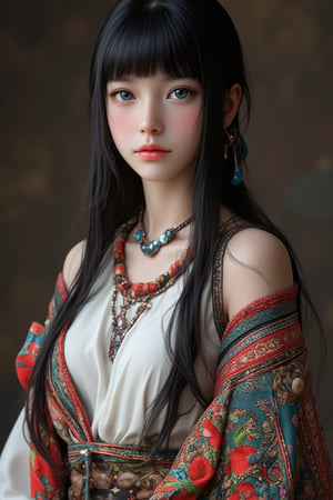 Super detailed, super realistic, anatomically correct,beautiful Nordic girl with long hair and blunt bangs,
 Wearing ancient national costume, long straight black hair, Yakut national costume, (beautiful blue eyes), almond eyes, intricate textiles decorated with colorful and intricate geometric patterns, arms decorated with decorative embroidery.
Beautiful crystal blue eyes, almond eyes, complex fabric decorated with colorful and intricate geometric patterns, white, red and green and other earth tones clothes,, aw0k euphoric style,, perfect imitation of TaisaSDXL, dal, ct-identityV2, dynamic pose action cute, 32k, hyper detailed 