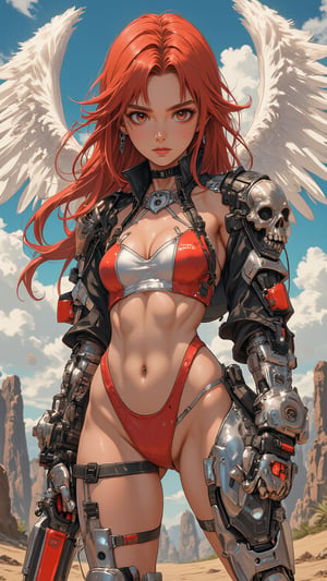 Perfect cute smooth skin, 32K, hyper detailed, dynamic pose action cute, anatomically correct,half Kazakhstan, Kyrgyzstan, Uzbekistan ,Turkey, Uyghurs 1woman,A fierce red-haired angelic warrior with cybernetic enhancements, standing in a powerful pose. She has large, white angel wings spread behind her, wearing a black leather jacket and a red bikini top that shows off her muscular midsection. Her left arm is fully mechanical, adorned with a skull, while her right hand grips a massive sword. Her expression is confident, with piercing bright eyes. The scene has a dynamic and heroic atmosphere, with the sky in the background painted in vibrant colors. She embodies a mix of celestial grace and futuristic technology. Her pose radiates strength, with futuristic elements on her gear, creating an epic anime-style visual,ct-physmstyle2,ct-katakrat