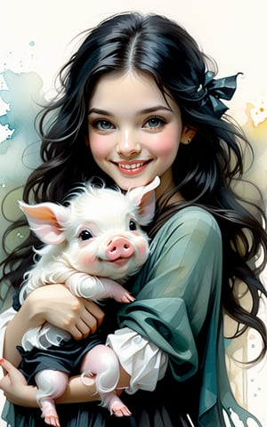 (Beautiful Woman with dark hair) holding a small (tiny cute and adorable white plush fluffy chibi-style black white baby pig with large black eyes), in the style of Harrison Fisher and Brian Froud and Jeremy Mann, smile, Whimsical, vibrant colors, gloss, sweetness, surreal, thick brush strokes, layered textures, mythical, magical,more detail XL