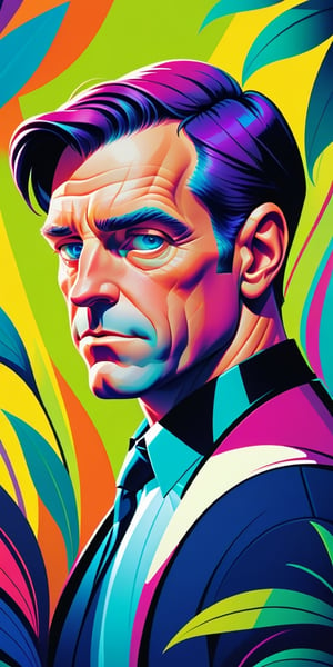 concept poster a 30 years man, a half body portrait at amazon lily . digital artwork by tom whalen, bold lines, vibrant, saturated colors, detailed fac,Vibrant colors palettes,wong-iyas