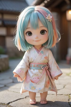 masterpiece,best quality,high resolution,PVC, Latex,rendering,chibi,16K high resolution,a girl,anya forger, rainbow pastel hair,long bob hairstyle,kimono sliver dragon outfit,Dizzy eyes as just wake up,smile,selfish goals,chibi,tokyo landscape,smile,smiley,self-righteous,full body,chibi,3d character,toy,doll,character print,front view,natural light,((real)) 1.2)),dynamic pose,medium movement,perfect movie-like perfect lighting,perfect composition,outfit,anya_forger_spyxfamily,JediOutfit,BnnBnn,