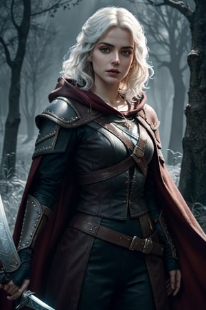(best quality, 8K, masterpiece), 1girl,ciri, the witcher, blonde, curly, few long hair hanging, freya allan, Netflix, looking at viewer, holding a sword, dynamic pose, intricate lighting,  fantasy background, upper body, contemporary, dress,cloak, cape, sword, battle gear 