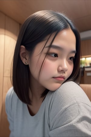 black short hair, AJMRRMJA woman, 15 yo, rounder cheeks, ((chubby cheeks)), closeup 