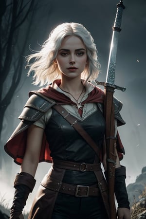(best quality, 8K, masterpiece), 1girl,ciri, the witcher, blonde, few hair hanging, freya allan, Netflix, looking at viewer, holding a sword, dynamic pose, intricate lighting,  fantasy background, upper body, contemporary, dress, cape, sword, battle gear 