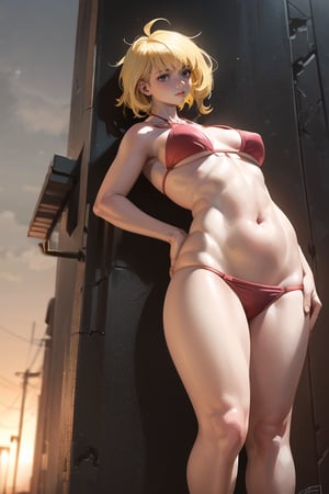 a 18 yo woman, blonde, (hi-top fade:1.3), dark theme, soothing tones, muted colors, high contrast, (natural skin texture, hyperrealism, soft light, sharp) red bikini, full body, curvy, chubby, dynamic pose, dynamic lighting 