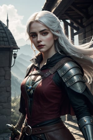 (best quality, 8K, masterpiece), 1girl,ciri, the witcher, freya allan, Netflix, looking at viewer, holding a sword, dynamic pose, intricate lighting,  fantasy background, upper body, contemporary, dress, cape, sword, battle gear 
