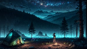 masterpiece, best quality, ultra-detailed, illustration, 1girl, solo, outdoors, camping, night, mountains, nature, stars, moon, bonfire, tent, twin ponytails, green eyes, cheerful, happy, backpack, sleeping bag, camping stove, water bottle, mountain boots, gloves, sweater, hat, flashlight, forest, rocks, river, wood, smoke, shadows, contrast, clear sky, constellations, Milky Way, peaceful, serene, quiet, tranquil, remote, secluded, adventurous, exploration, escape, independence, survival, resourcefulness, challenge, perseverance, stamina, endurance, observation, intuition, adaptability, creativity, imagination, artistry, inspiration, beauty, awe, wonder, gratitude, appreciation, relaxation, enjoyment, rejuvenation, mindfulness, awareness, connection, harmony, balance, texture, detail, realism, depth, perspective, composition, color, light, shadow, reflection, refraction, tone, contrast, foreground, middle ground, background, naturalistic, figurative, representational, impressionistic, expressionistic, abstract, innovative, experimental, unique