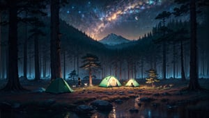 masterpiece, best quality, ultra-detailed, illustration, 1girl, solo, outdoors, camping, night, mountains, nature, stars, moon, bonfire, tent, twin ponytails, green eyes, cheerful, happy, backpack, sleeping bag, camping stove, water bottle, mountain boots, gloves, sweater, hat, flashlight, forest, rocks, river, wood, smoke, shadows, contrast, clear sky, constellations, Milky Way, peaceful, serene, quiet, tranquil, remote, secluded, adventurous, exploration, escape, independence, survival, resourcefulness, challenge, perseverance, stamina, endurance, observation, intuition, adaptability, creativity, imagination, artistry, inspiration, beauty, awe, wonder, gratitude, appreciation, relaxation, enjoyment, rejuvenation, mindfulness, awareness, connection, harmony, balance, texture, detail, realism, depth, perspective, composition, color, light, shadow, reflection, refraction, tone, contrast, foreground, middle ground, background, naturalistic, figurative, representational, impressionistic, expressionistic, abstract, innovative, experimental, unique