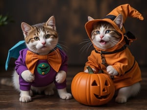 masterpiece, best quality, Photorealistic, realistic, photograph, Cats in Halloween costumes