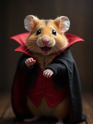 masterpiece, best quality, Photorealistic, realistic, photograph, Hamster dressed as a vampire at a Halloween party