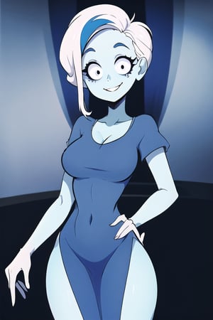 ((masterpiece,best quality)), absurdres, , Phantasma_Ghoul_School, solo, smiling, blue dress, looking at viewer, cowboy shot, cinematic composition, contrapposto