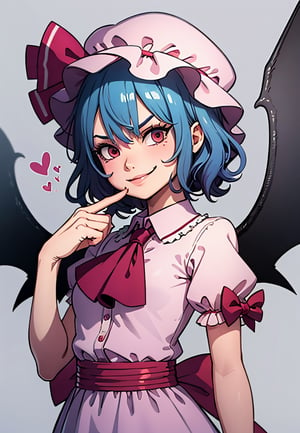 masterpiece, best quality,  ,1girl,pink dress,mob cap,ribbon,blue hair,evil smile,bow,ascot,wings,grey background, (kbxll:0.8)