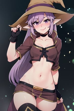 centered, award winning photo, (looking at viewer:1.2), | smile,  Kaleina, brown witch hat, purple hair, licking lips, blushing, smug, |forest, swirling magic,  | bokeh, depth of field, cinematic composition, |  contrapposto
