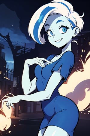 ((masterpiece,best quality)), absurdres, , Phantasma_Ghoul_School, solo, smiling, blue dress, looking at viewer, cowboy shot, cinematic composition, dynamic pose