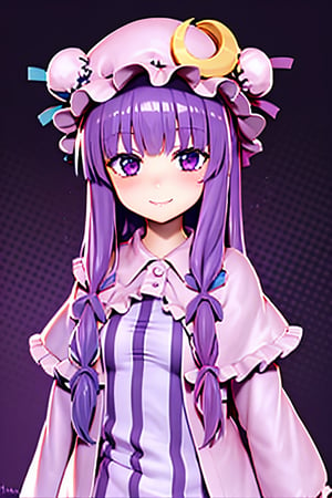 masterpiece, best quality,,1girl,solo,patchouli knowledge, purple hair,purple eyes,grey background, blush, smiling,