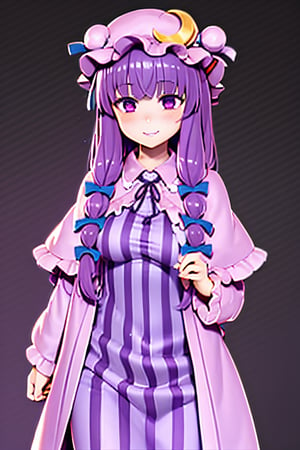 masterpiece, best quality,,1girl,solo,patchouli knowledge, purple hair,purple eyes,grey background, blush, smiling,