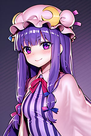 outline, masterpiece, best quality,,1girl,solo,patchouli knowledge, purple hair,purple eyes,grey background, blush, smiling,