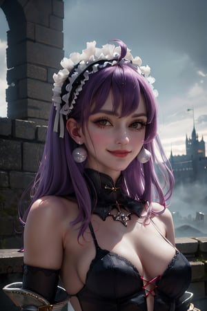 ((masterpiece,best quality)), absurdres,, Dark_Eclair, 1girl, solo, smug, smiling, looking at viewer, upper body, detailed face, up close, castle and towers in background, cinematic composition, 