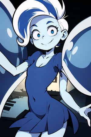 ((masterpiece,best quality)), absurdres, , Phantasma_Ghoul_School, solo, smiling, blue dress, looking at viewer, cowboy shot, cinematic composition, dynamic pose