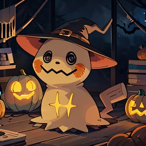 ((masterpiece,best quality)), absurdres,,  no humans,  pumpkin, halloween,  witch hat, solo, looking at viewer, cinematic composition, ,Mimikyu_Pokemon