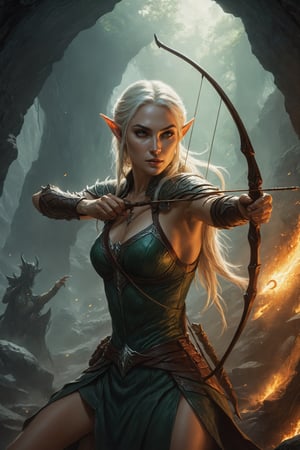 cinematic scene, heroic woman elven archer aiming against a bunch of demons, face radiant with purity and goodness, beautiful milf  hero, the elf is slender and pale and beautiful with radiance of purity and goodness, greg rutkowski, a group of menacing kobolds attack from afar, an elven archer fumbles all his shots, horror cave in hell, well-illuminated by fire and blood, 