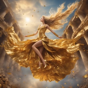 best quality, masterpiece, ((aerial view:1.4)), ((floating in the sky:1.4)), 
Amidst the ruins of a once-grand temple, Athena flying in the sky, her gold gown a whirlwind of rococo flair and chaos, mirroring the tumult she brings,  a testament to her power to challenge and provoke, (whole body within frame:1.2), very long blond hair, ((gold heels:1.2)),

