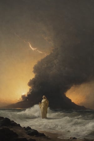 by Jean-Léon Gérôme 1835,  neoclassicism,
8k, 

Hell , Paradise (Paradiso), 

Heavy rain, lightning, black clouds, smoke, storm, volcano, sea, waves, turbulent waves, roar,

A god zeus across the sky with the wind on a cloud, Walking at the beach, stepping on the sand with a man's feet. walk in bare foot
blonde hair,Gold moon:0.8, The moon appears in the shape of a crescent.

full body, A beautiful woman wearing a long and long veil flies across the sky with the wind on a cloud. The heavenly bridegroom marries the earthly bride. Neoclassical, realist, cinematic, epic,photo r3al,skirtlift, sunset, side at view,