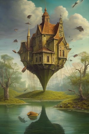  Neo Surrealism, whimsical art, painting, fantasy, magical realism bizarre art, pop surrealism, inspired by Remedios Varo, Jacek Yerka and Gabriel Pacheco. Generate an illustration a mansion surrounded by flying stingrays.in swamp 