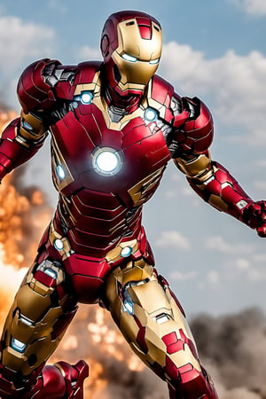 Fighting pose, ironman, nano mark 40 suit, f, high_resolution, high detail, realistic, ultra real, shining armor, 8K, fighting, explosion background 