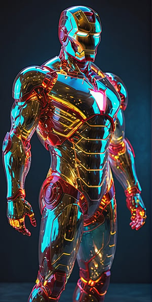 ultra Realistic,Extreme Detailed,beautiful Prism light,neon light,
Glass made ultra Detailed transparent Iron man  half body,ultra transparent,wearing glass made  transparent luxury  Armor,