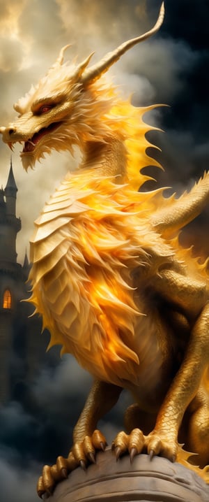 Close-up of ominous dragon, golden, undead, , shadow flame, remarkable Rembrandt oil painting, haunted old castle, foggy, hazy, cloudy, eerie, mysterious, magical, dramatic lighting, chiaroscuro, fantasy masterpiece, realism, hyperrealism, intricate details, HDR, ultra high resolution