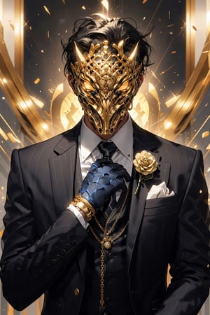 Henshin, solo, looking_at_viewer, shirt, gloves, long_sleeves, 1boy, jacket, white_shirt, upper_body, flower, male_focus, necktie, black_gloves, collared_shirt, vest, black_jacket, mask, rose, chain, formal, ring, suit, facing_viewer, black_necktie, black_vest, straight-on, gold, black_suit, ultra realistic,32k,RAW photo,(high detailed skin:1.2), 8k uhd, dslr, soft lighting, high quality, film grain