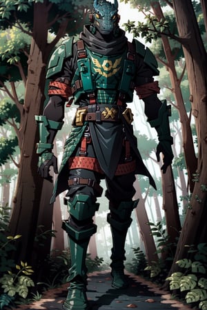 cocodrile humanoid warrior in dark forest 