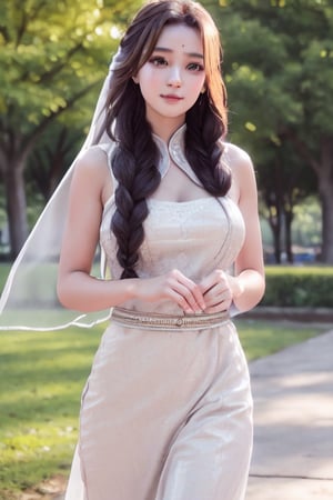 malayan bride, Best quality, (photorealistic:1.37), raw photo, detailed eyes and face, perfect anatomy. perfect fingers. dynamic lighting, outdoors, walk in the park ,m4d4m,Indian,riregram,mitsuri(demon slayer)