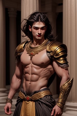 Portrait, man standing in a Greek mythological palace, 16K, highest quality, highest quality, raw photo, realistic, photorealistic, super detailed and beautiful, highest definition, 1 muscular man, good looking, fair complexion and glossy skin Pretty and beautiful, big and bright eyes, big mouth and thick lips, long black hair blowing in the wind, good style and slender, muscular body, bright personality and cute smile, natural make-up, light brown lips, ( Armor-like outfit with gold details and an open chest: 1.3),sun god apollo

