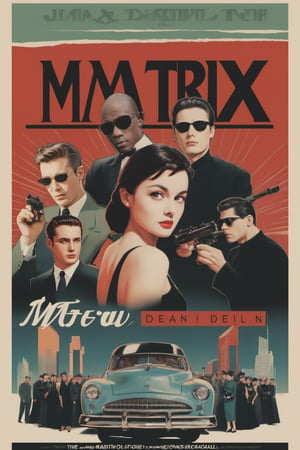 (((Vintage style:1.3))) (((Retrofuturistic style:1.8)) (((1950's style THE MATRIX MOVIE:1.5))) A movie marquee poster for the movie billboard. A retrofuturistic representation of the iconic poster of the movie "the matrix", starring (((James Dean as Neo:1.5))) (((Audrey Hepburn as Trinity:1.5))) (((Sidney Poitier as Morpheus:1.5))) (((Humphrey Bogart as cipher1.5)))  (((1950's billboard illustration style))) High quality illustration.,animification