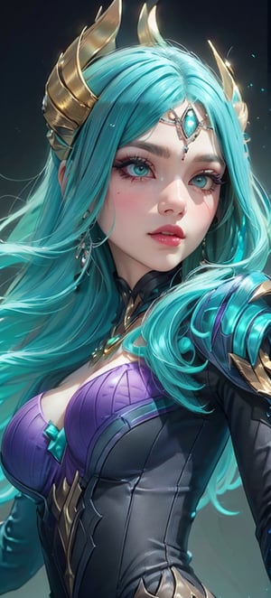 1girl, High detailed, (masterpiece, best quality, ultra-detailed, 8K), ((blank background)), vibrant colors, (long_hair, aqua_hair, parted_bangs, hair_ornament, headband, forehead_protector,)), green_eyes, lips, ornament, (big_breasts, round_breast, big_boobs), ((dress, black_dress, purple_dress, cleavage, long_sleeves, ), ((gradient background)), (((upper_body, head and shoulder portrait, front_view,)) ,Vexana,jewelry, bronze, gem, magic, glowing, ((,floating object on shoulders)),Dress,High detailed, pauldrons, looking_at_viewer, ,High detailed ,Color magic