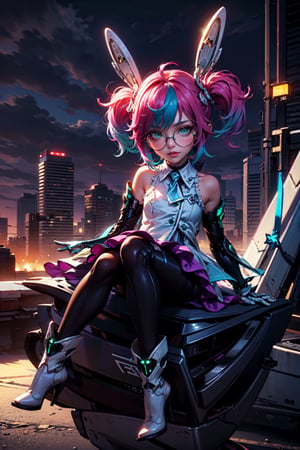 1girl, (masterpiece, top quality, best quality, beautiful and aesthetic), extremely detailed, hyper realistic, (Cinematic:0.4), (Dark and intense:1.2), cowboy shot, detailed face, (, short_hair, multicolor_hair, pink_hair, green_hair, blue_hair, twintails, bangs, streaked_hair, hair_between_eyes,),  (dress, detached_sleeves, elbow_gloves, gradient gloves, bare_shoulders), ((purple pantyhose, blue pantyhose)),( round_glasses, big glasses, headgear), little girl, ( green eyes), foggy, eerie, haloween style,
,More Detail, gloves,perfect light, TechTensai,full body, scifi, sitting on flying mechanical crescent, fake animal ears, mechanical ears, full body portrait, sky, building, cyberpunk city, future city, scifi theme, high heels boots, 