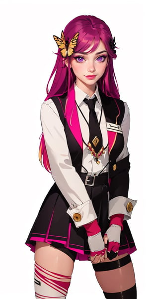 1girl, ((blank background)), vibrant colors, (bangs, long_hair, multicolor_hair, pink_hair, light_purple_hair)), light_purple_eyes, large breasts, ((school uniform, black vest,red and white jacket, white shirt, tie, long_sleeves)), ((white background)) , happy_face, smile, jewels, gloves, fingerless_gloves, Exorcist, black skirt, tribal painting on skirt, ((asymmetrical_thighhigh, uneven_thighhigh:1.5)), shocks, white boots, ((upper_body, head and shoulder portrait,)), hair_ornament, flowers, butterfly, 