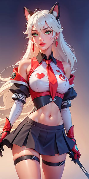 1girl, ((blank background)), vibrant colors, head and shoulders portrait, long_hair, pony_tail, pale, bangs, green_eyes, large breasts, bare_shoulder, multicolor_hair, red_hair, white_hair, (blue mecha ears), ((red tie, crop jacket sleveless, crop tshirt, gloves, elbow_gloves,)), black spats shorts, black mini_skirt, ((white background))