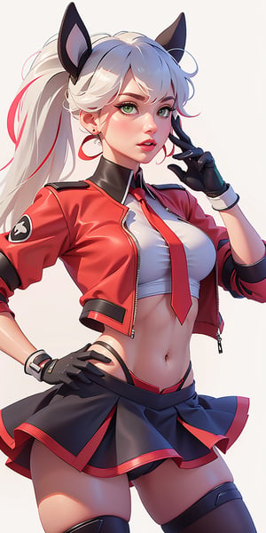 1girl, ((blank background)), vibrant colors, head and shoulders portrait, long_hair, pony_tail, pale, bangs, green_eyes, large breasts, bare_shoulder, multicolor_hair, red_hair, white_hair, mecha ears, ((red tie, crop jacket sleveless, crop tshirt, gloves, elbow_gloves,)), spats shorts, mini_skirt, ((white background))