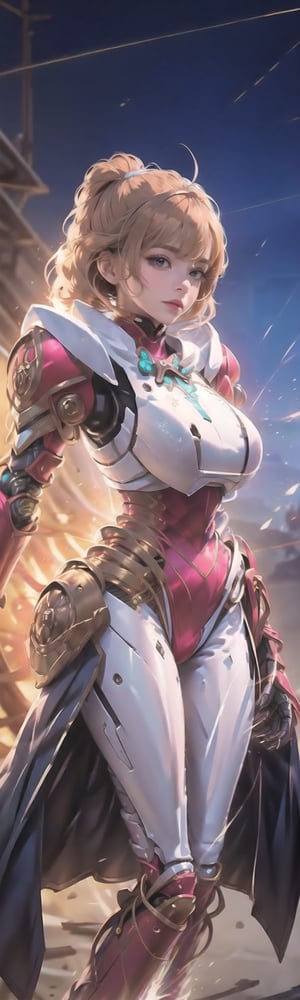 armored girl, grey hood and cape, background dark space battlefield, heavy rain, brown medium hair, brown glowing beautiful eyes, cowboy_shot, pink glowing lined simple armor plate, dark environment, high detailed face, nodf_lora, cyborg, robot_joints, big_breast, leotard, 