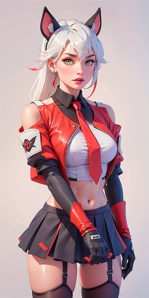 1girl, ((blank background)), vibrant colors, head and shoulders portrait, long_hair, pony_tail, pale, bangs, green_eyes, large breasts, bare_shoulder, multicolor_hair, red_hair, white_hair, mecha ears, ((red tie, crop jacket sleveless, crop tshirt, gloves, elbow_gloves,)), spats shorts, mini_skirt, ((white background))