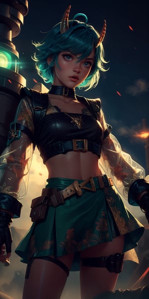 1girl, (masterpiece, top quality, best quality, beautiful and aesthetic), extremely detailed, hyper realistic, (Cinmatic:0.4), (Dark and intense:1.2), cowboy shot, detailed face, (yellow horns, ahoge, short_hair, bangs, aqua_hair), choker,  black tube top, midriff, long_sleeves,shoulder_pads, (green glowing eyes), foggy, eerie, festival style,
,More Detail, mage, magic, ((,see-through_sleeves,)), fingerless_gloves, green skirt, thigh strap, thigh pouch, holster, stuffed llama, asymmetrical_socks, boots, ,perfect light,Vibrant_Fiesta