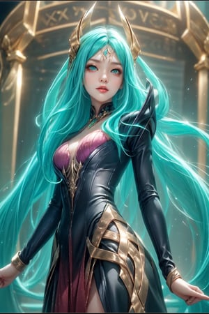 Create an image of an 18-year-old Korean girl with soft focus, posing confidently. Her eyes, gazing directly at the viewer, are framed by lush long hair cascading down her back. Small breasts accentuate her natural curves as she exudes allure. A delicate dress hugs her toned physique, featuring aqua-locked hair styled by Vexana. The scene is bathed in natural soft light with a hint of film grain texture on her sweaty skin.,Vexana