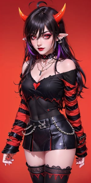 ((1girl)), ((red background)), vibrant colors, (long_hair, multicolored_hair, black_hair, dark_purple_hair,ahego, bangs, hair_between_eyes,), red_eyes,black_lips, large breasts, (black shirt, red_shirt, red_sweater, multicolored_clothes, striped, long_sleeves, sleeves_past_wrist, cleavage), ((red background)) , happy_face, smile, boots, black_footwear, ((, upper_body, head and shoulder portrait))  ,High detailed ,Color magic, black skirt, leather_skirt, belt, chains, accessories, off_shoulder, bare_shoulder, choker, spike_collar, spike, gothic, goth, demon girl, horns, pointy ears, ear_peircing, jewelry, necklace, makeup,eye_lashes, eye_shadow, (,thighhighs, fishnet_thighhighs, black thighhighs, thigh_strap, Saturated colors,Color saturation, small heart under the eyes