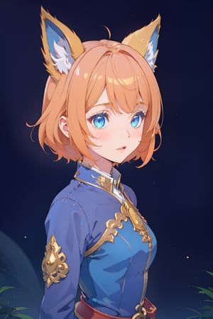 A girl, short orange hair, animal_ears, bangs,  The scene is whimsical and playful, dream-like atmosphere. (upper body),Royal_Protector,midjourney, blue clothes,SAM YANG, looking_at_viewer, 